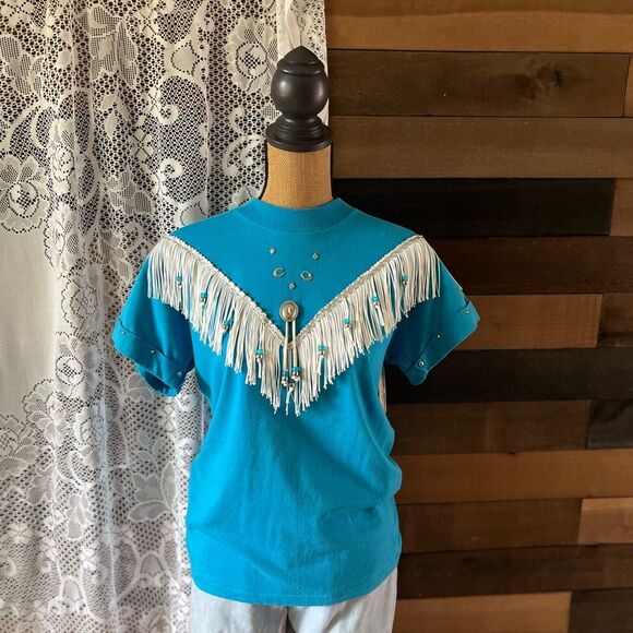 Vintage Western Hazelwoods Crew Blue & Silver Fringe Southwestern Aztec T-Shirt - Picture 2 of 8